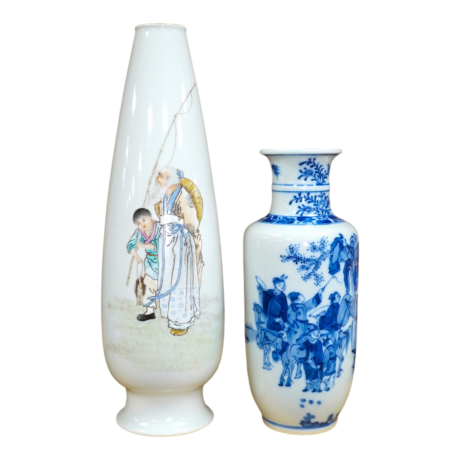 A Chinese blue and white vase and an enamelled figurative porcelain example, tallest enamel vase 29cm high. Condition - good